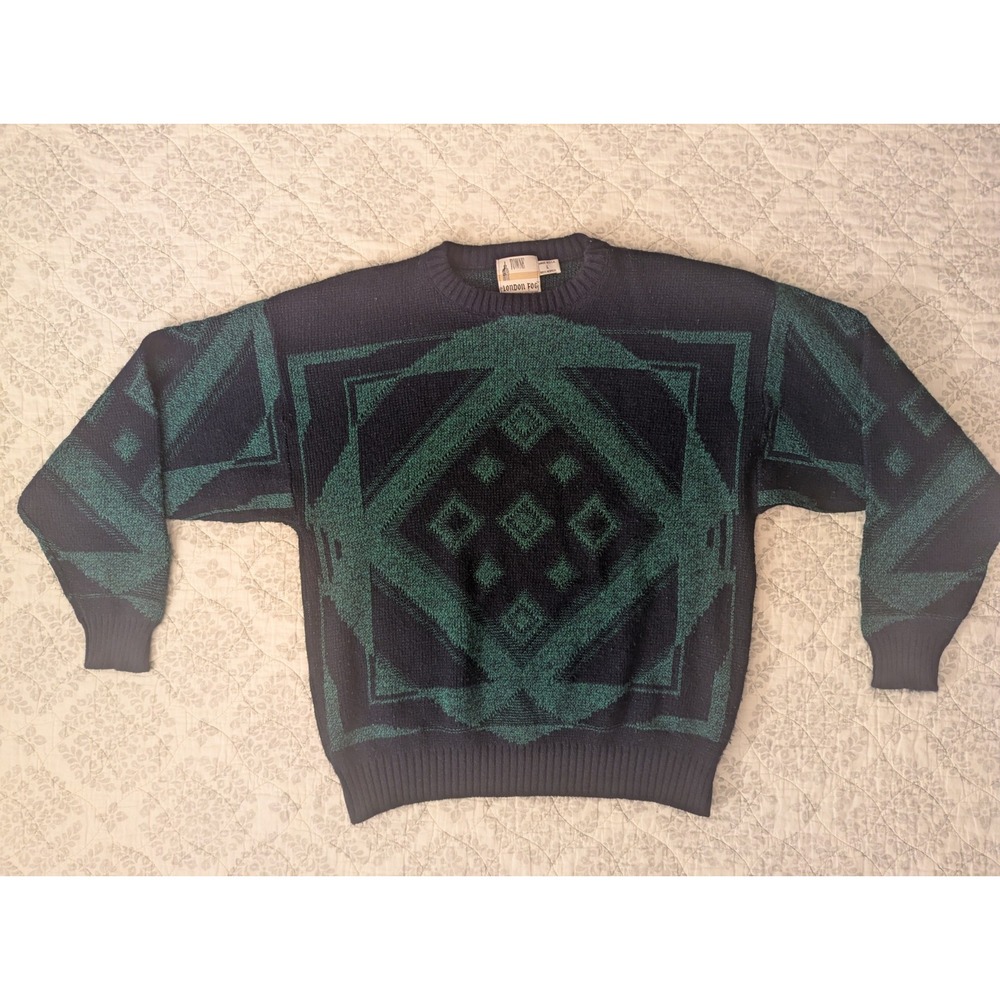 VTG 90s Grandpa London Fog Towne Men L Geometric Knit  Colorful Sweater USA Made